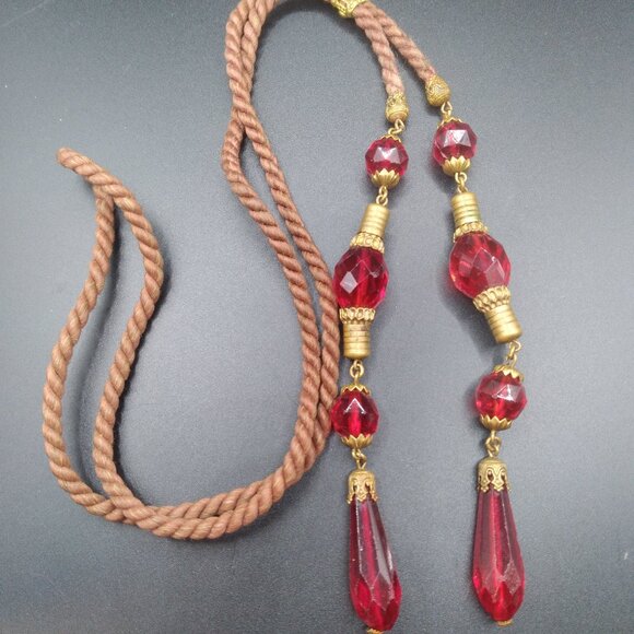 Vintage Red Czech Glass & Brass Etruscan Twisted 38'' Necklace - Picture 1 of 8